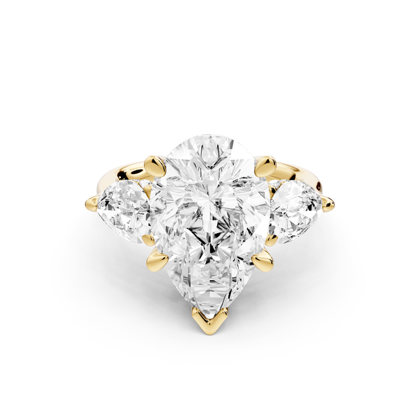 Stella - 5ct 14k yellow gold Three Stone pear with pears Hidden Halo Engagement Ring