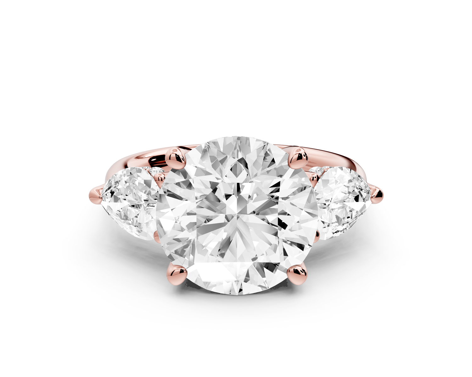 Stella - 5ct 14k rose gold Three Stone round with pears Hidden Halo Engagement Ring