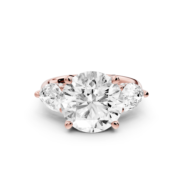 Stella - 5ct 14k rose gold Three Stone round with pears Hidden Halo Engagement Ring