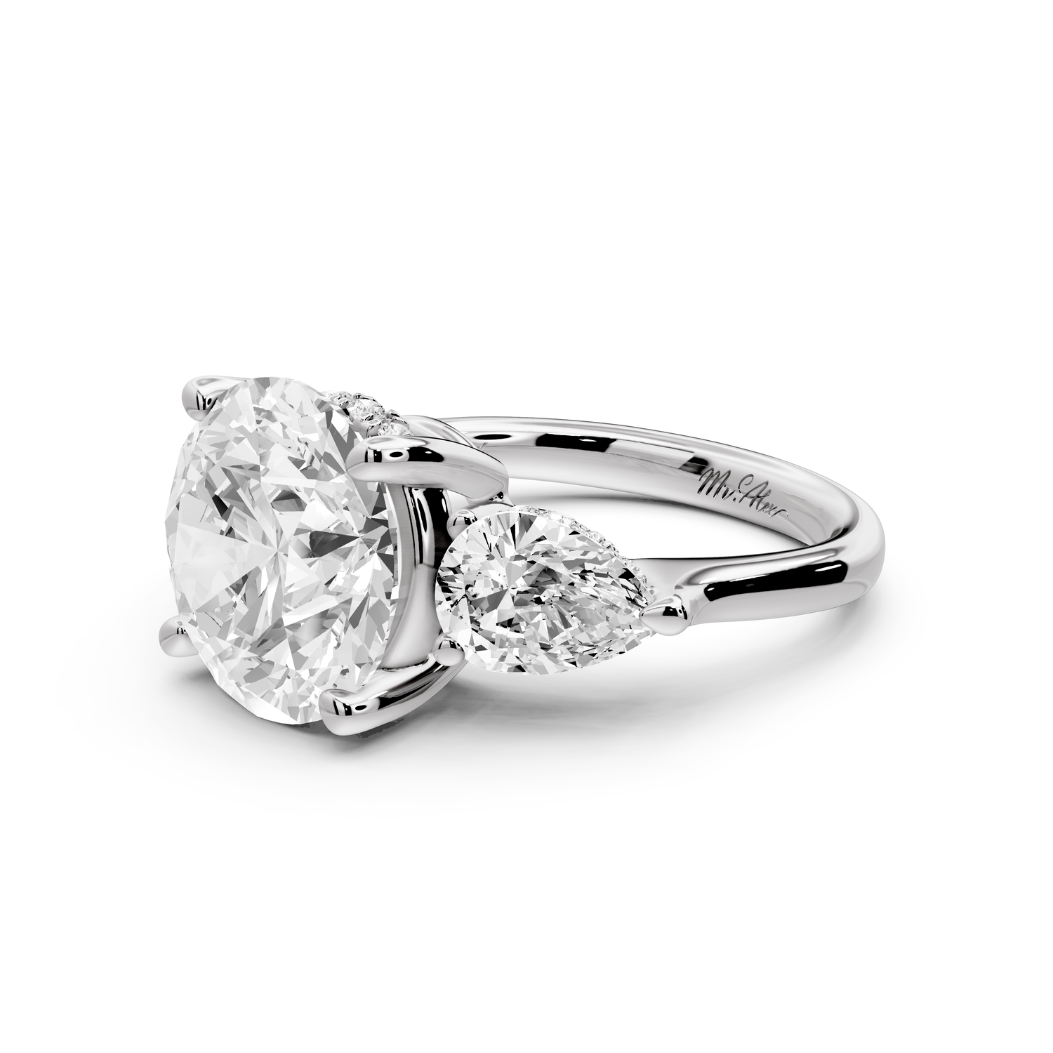 Stella - 5ct 14k white gold Three Stone round with pears Hidden Halo Engagement Ring
