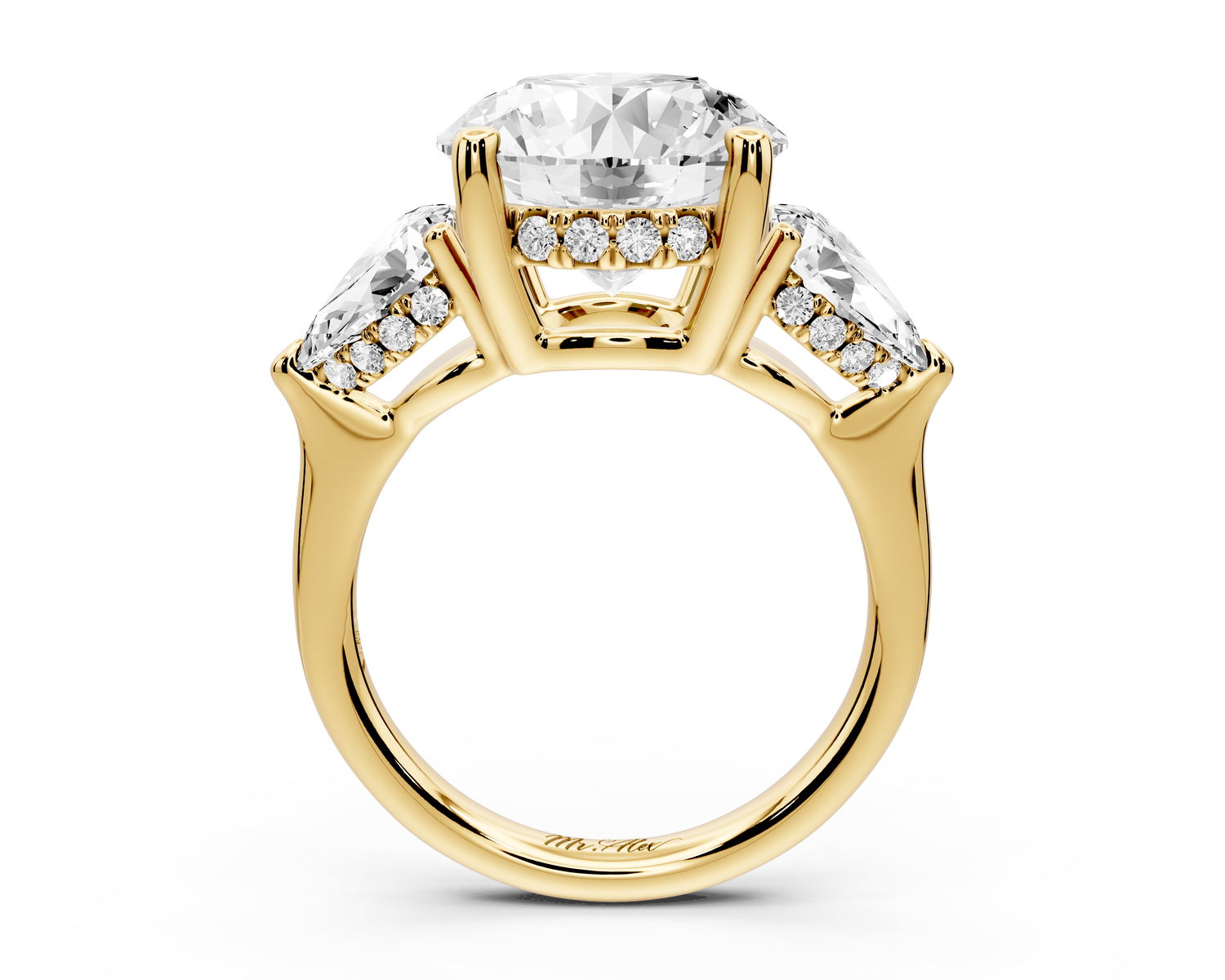 Stella - 5ct 14k yellow gold Three Stone round with pears Hidden Halo Engagement Ring