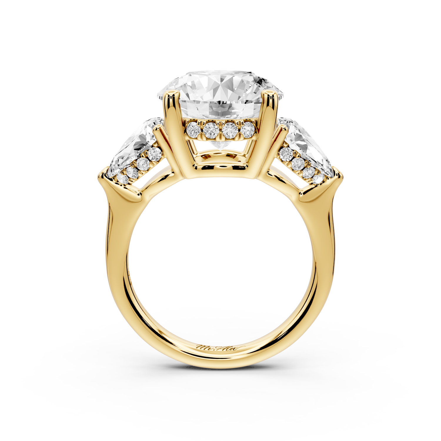 Stella - 5ct 14k yellow gold Three Stone round with pears Hidden Halo Engagement Ring