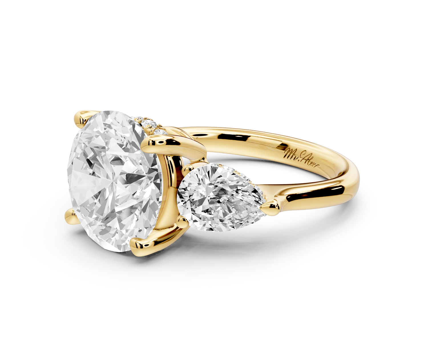 Stella - 5ct 14k yellow gold Three Stone round with pears Hidden Halo Engagement Ring