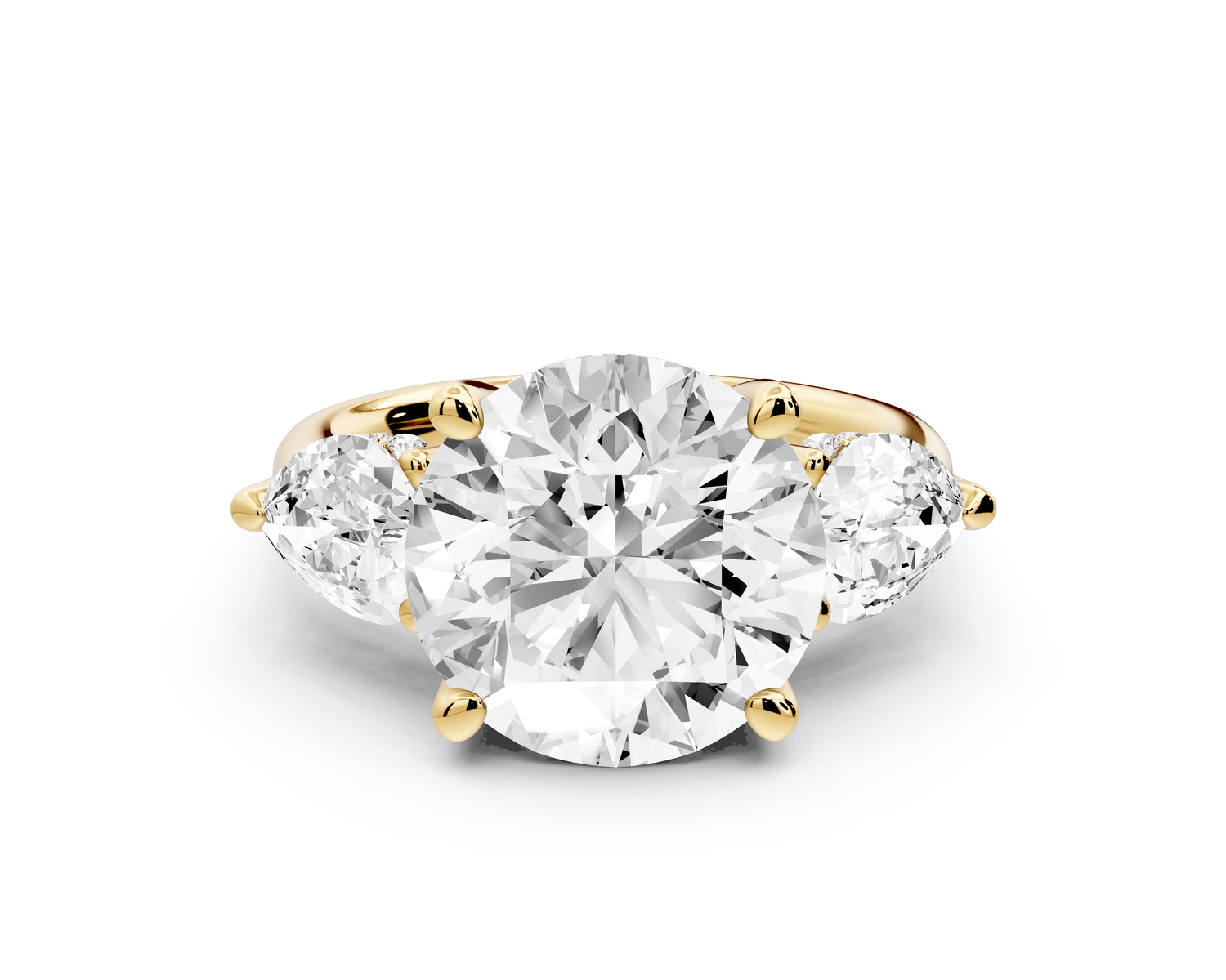 Stella - 5ct 14k yellow gold Three Stone round with pears Hidden Halo Engagement Ring