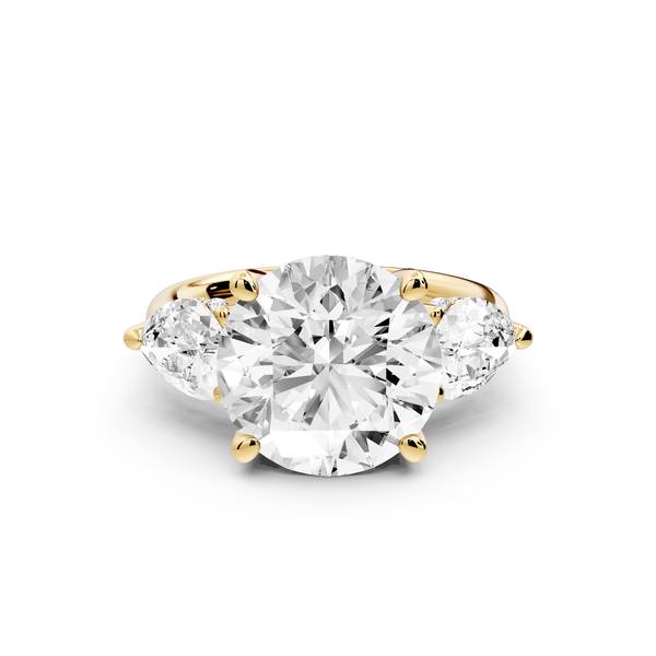 Stella - 5ct 14k yellow gold Three Stone round with pears Hidden Halo Engagement Ring