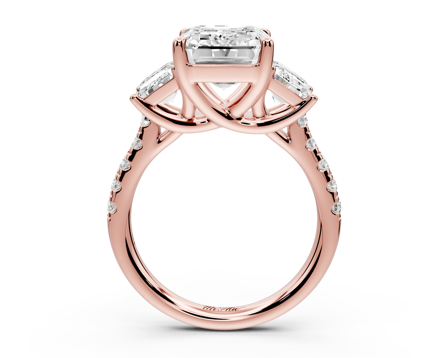 Mia - 3ct 14k rose gold emerald Trellis Basket Diamond Pavé half band Engagement Ring