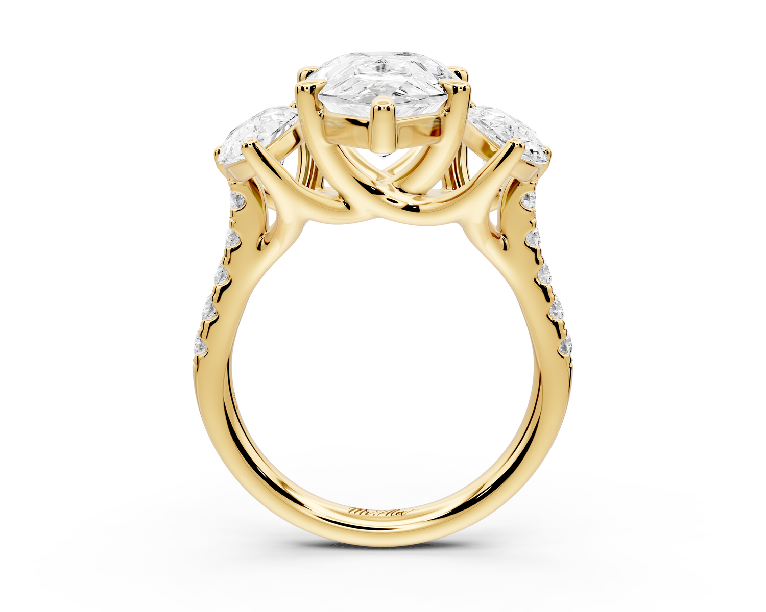 Mia - 3ct 14k yellow gold pear Trellis Basket Diamond Pavé half band Engagement Ring
