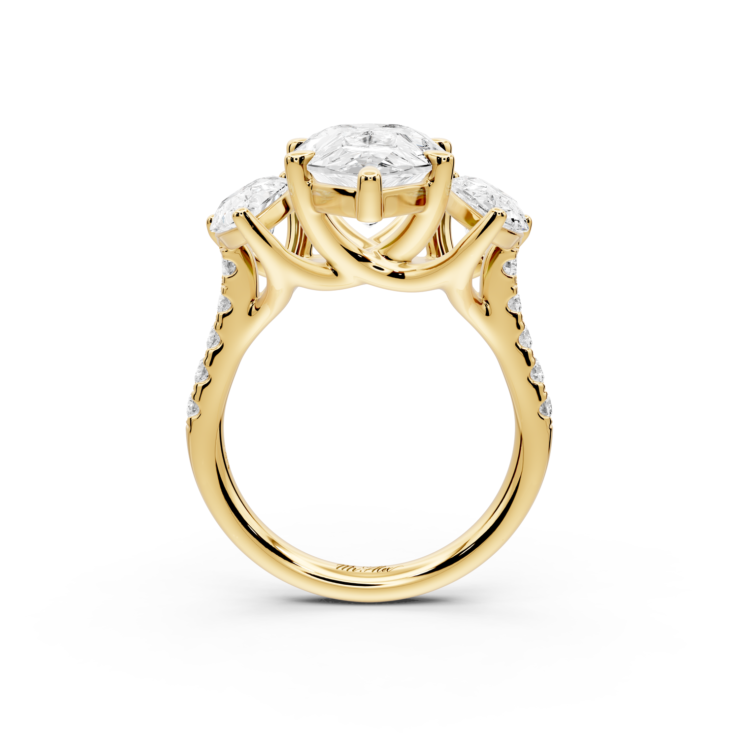 Mia - 3ct 14k yellow gold pear Trellis Basket Diamond Pavé half band Engagement Ring