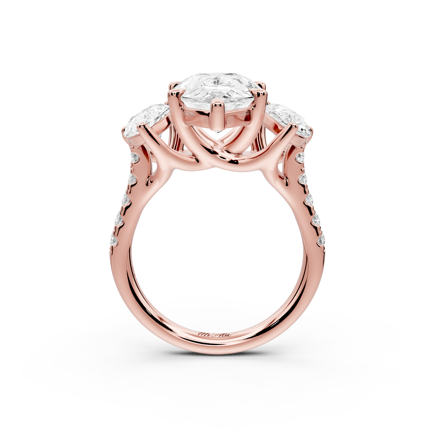 Mia - 4ct 14k rose gold pear Trellis Basket Diamond Pavé half band Engagement Ring