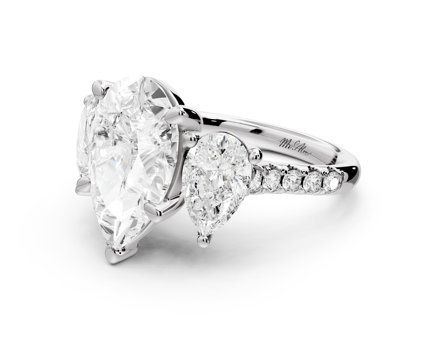 Mia - 4ct 14k white gold pear Trellis Basket Diamond Pavé half band Engagement Ring