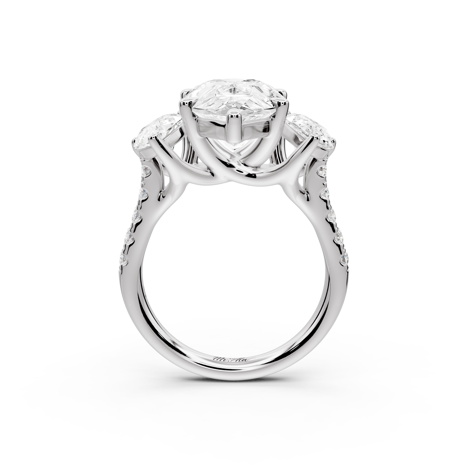 Mia - 5ct 14k white gold pear Trellis Basket Diamond Pavé half band Engagement Ring