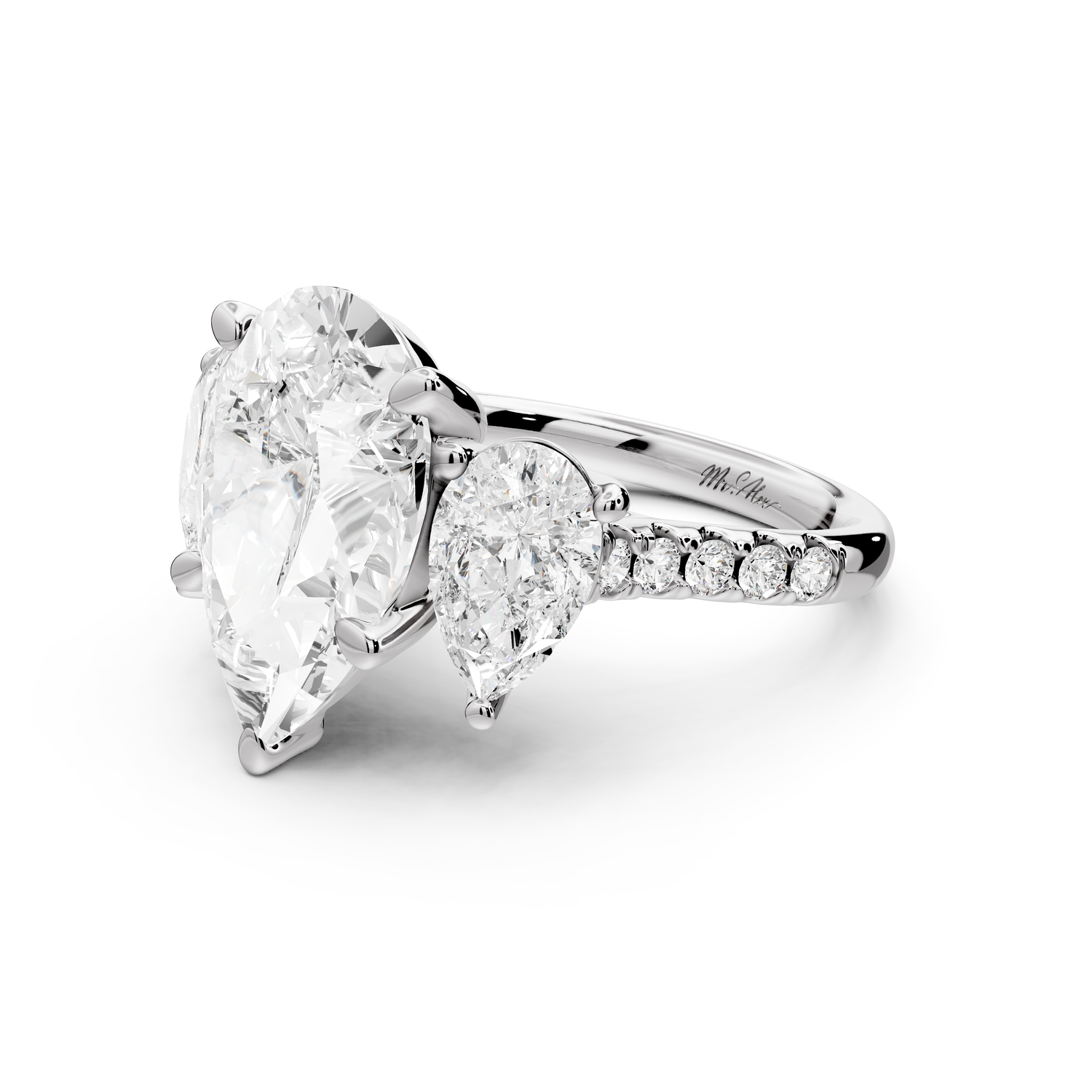Mia - 5ct 14k white gold pear Trellis Basket Diamond Pavé half band Engagement Ring