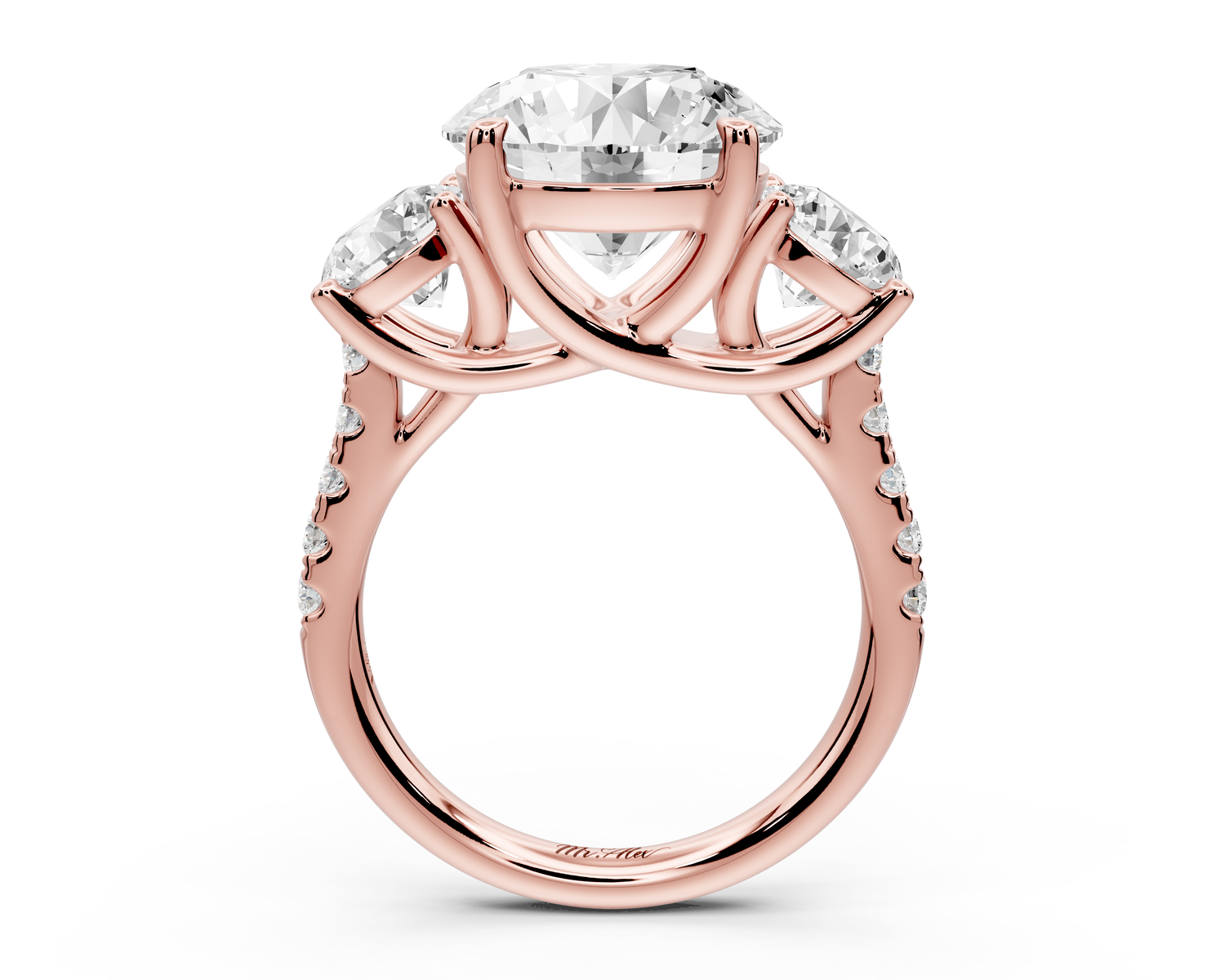 Mia - 5ct 14k rose gold round Trellis Basket Diamond Pavé half band Engagement Ring