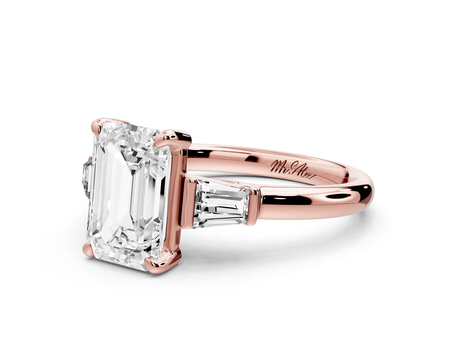 Naomi - 2ct 14k rose gold emerald diamond with Tapered Baguettes side stones Engagement Ring