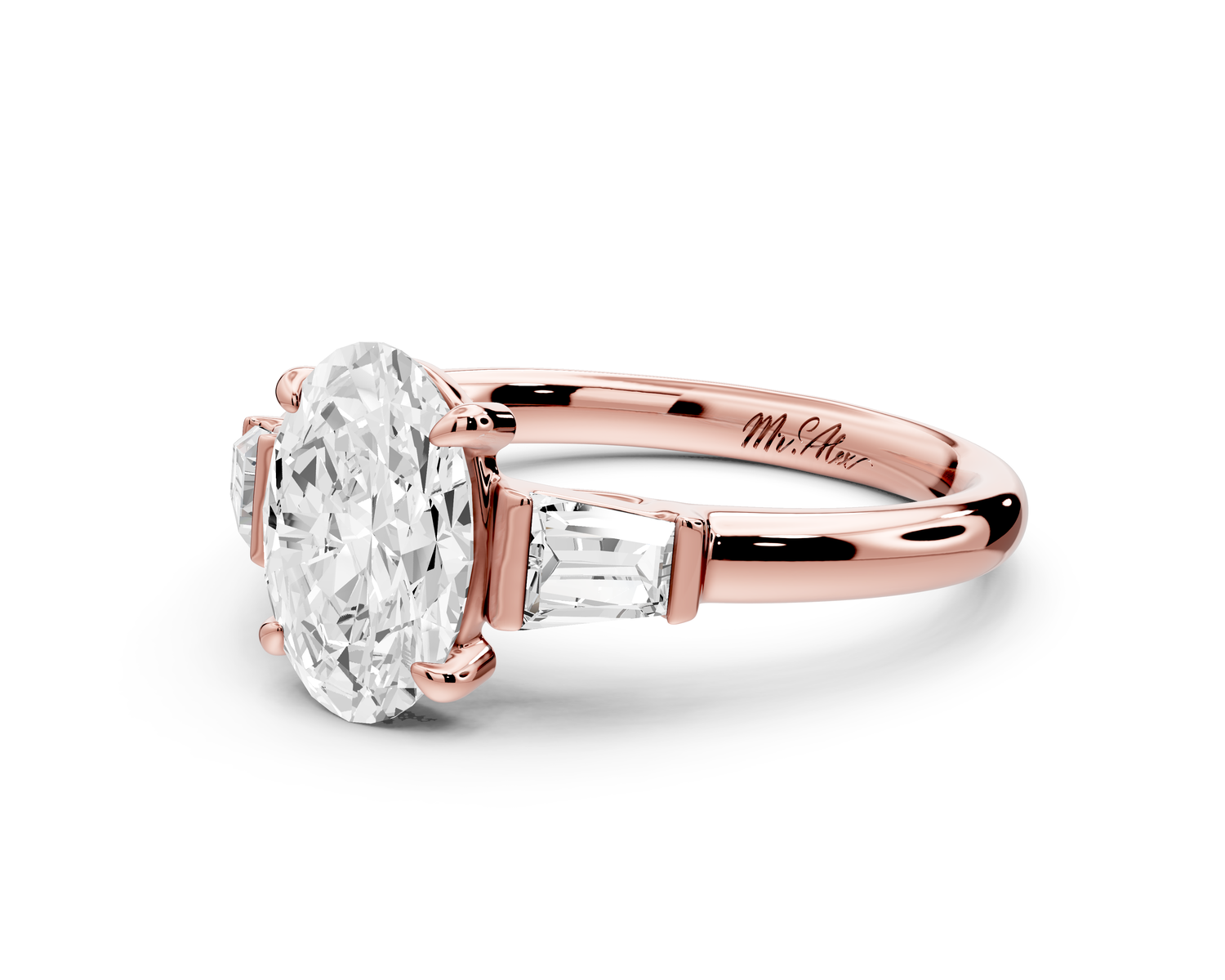 Naomi - 2ct 14k rose gold oval diamond with Tapered Baguettes side stones Engagement Ring