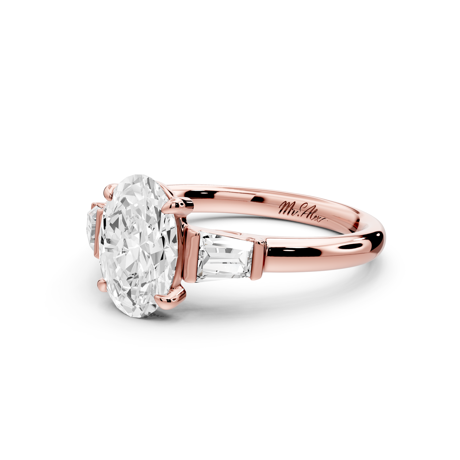 Naomi - 2ct 14k rose gold oval diamond with Tapered Baguettes side stones Engagement Ring
