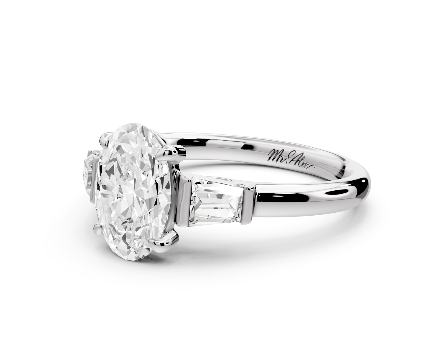 Naomi - 2ct 14k white gold oval diamond with Tapered Baguettes side stones Engagement Ring