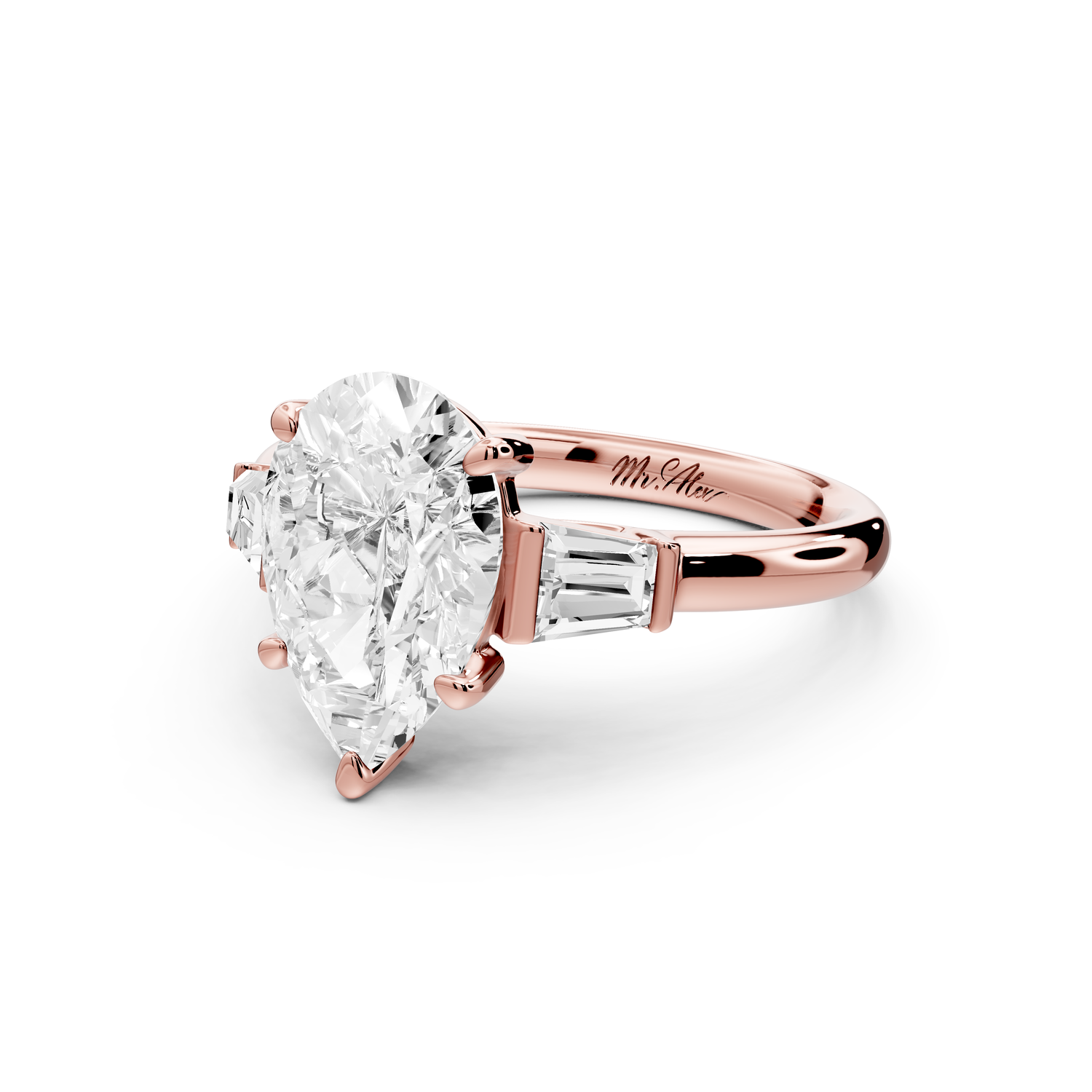 Naomi - 2ct 14k rose gold pear diamond with Tapered Baguettes side stones Engagement Ring