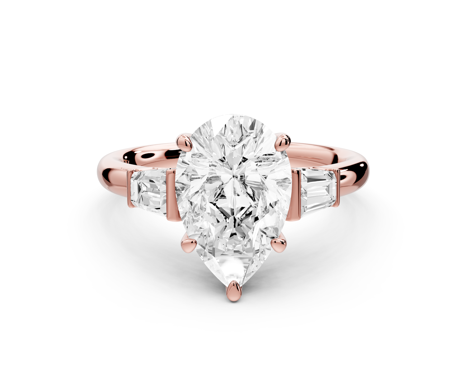 Naomi - 2ct 14k rose gold pear diamond with Tapered Baguettes side stones Engagement Ring