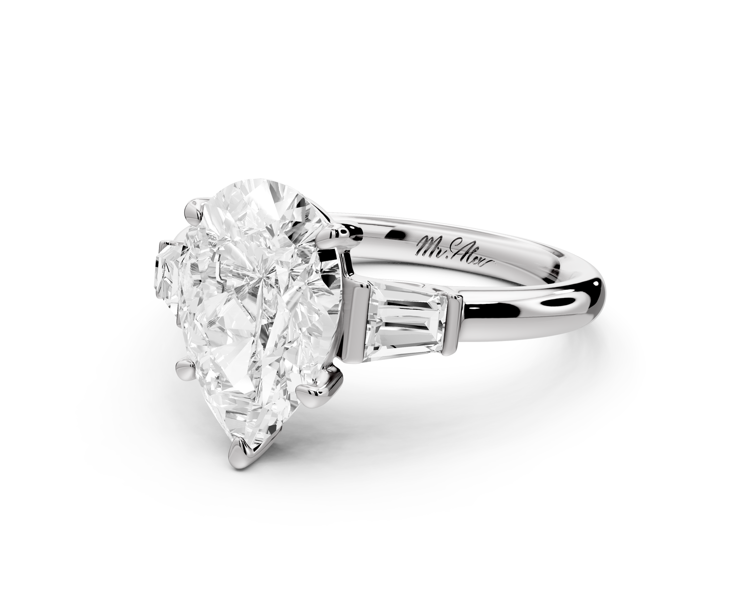 Naomi - 2ct 14k white gold pear diamond with Tapered Baguettes side stones Engagement Ring