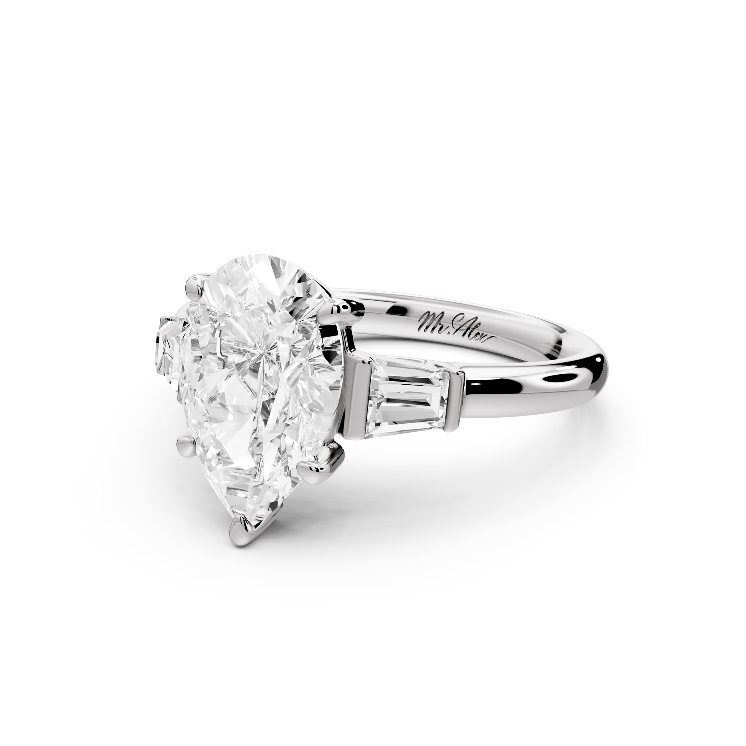 Naomi - 2ct 14k white gold pear diamond with Tapered Baguettes side stones Engagement Ring