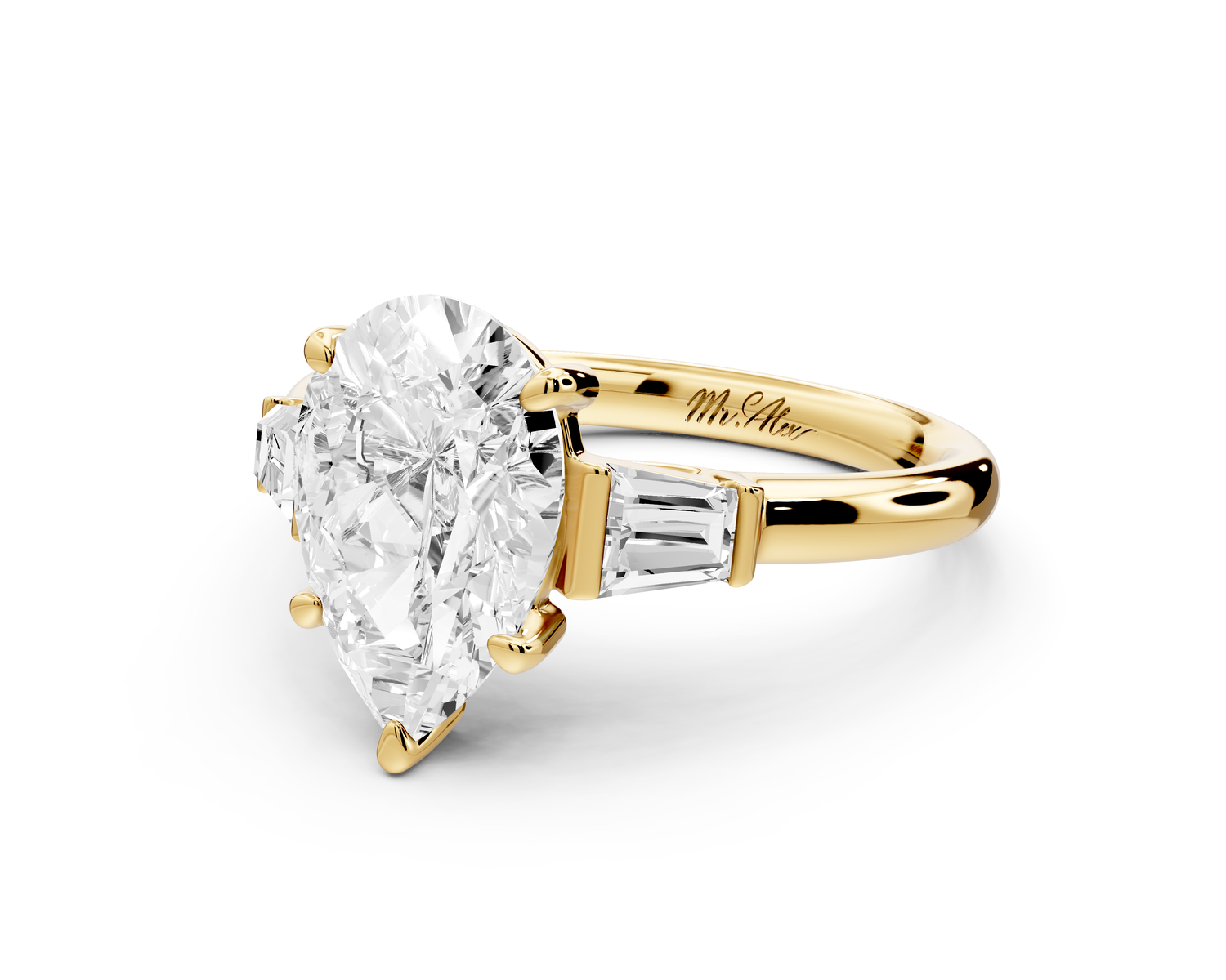 Naomi - 2ct 14k yellow gold pear diamond with Tapered Baguettes side stones Engagement Ring