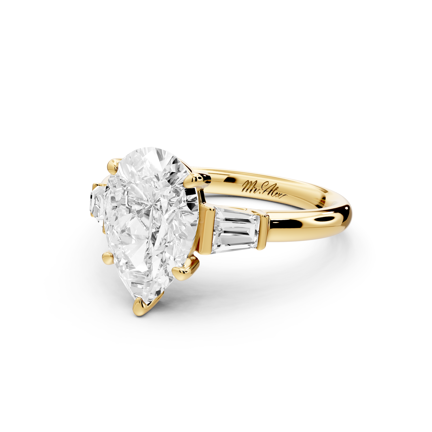 Naomi - 2ct 14k yellow gold pear diamond with Tapered Baguettes side stones Engagement Ring