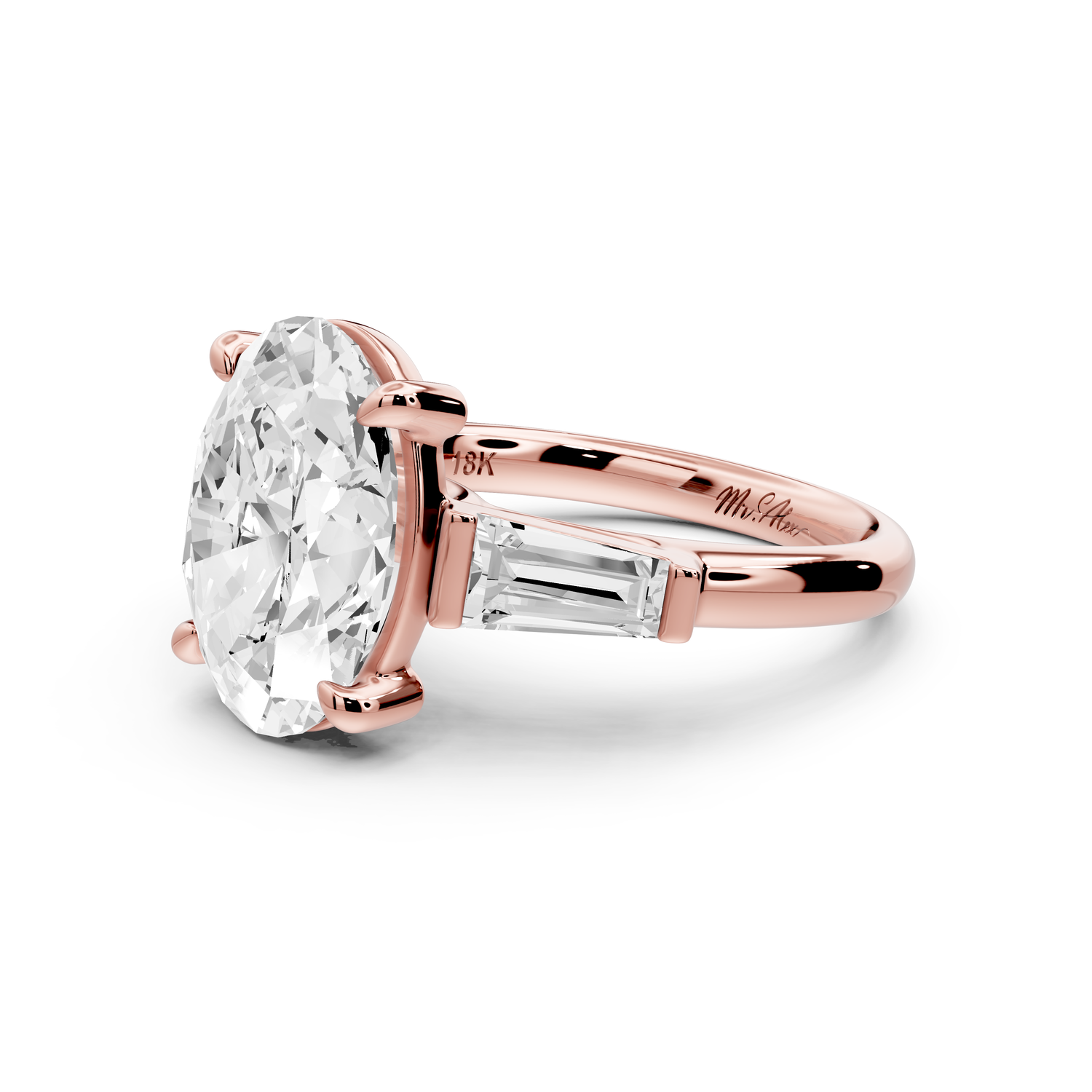 Naomi - 3ct 14k rose gold oval diamond with Tapered Baguettes side stones Engagement Ring