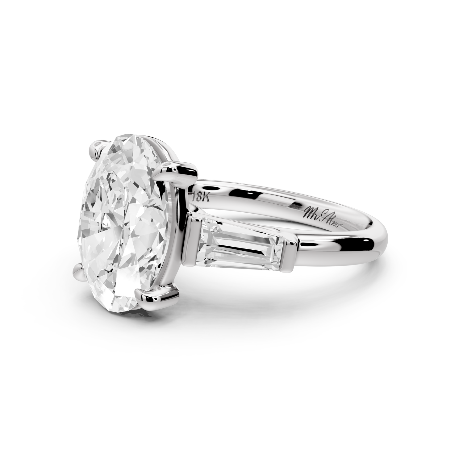 Naomi - 3ct 14k white gold oval diamond with Tapered Baguettes side stones Engagement Ring