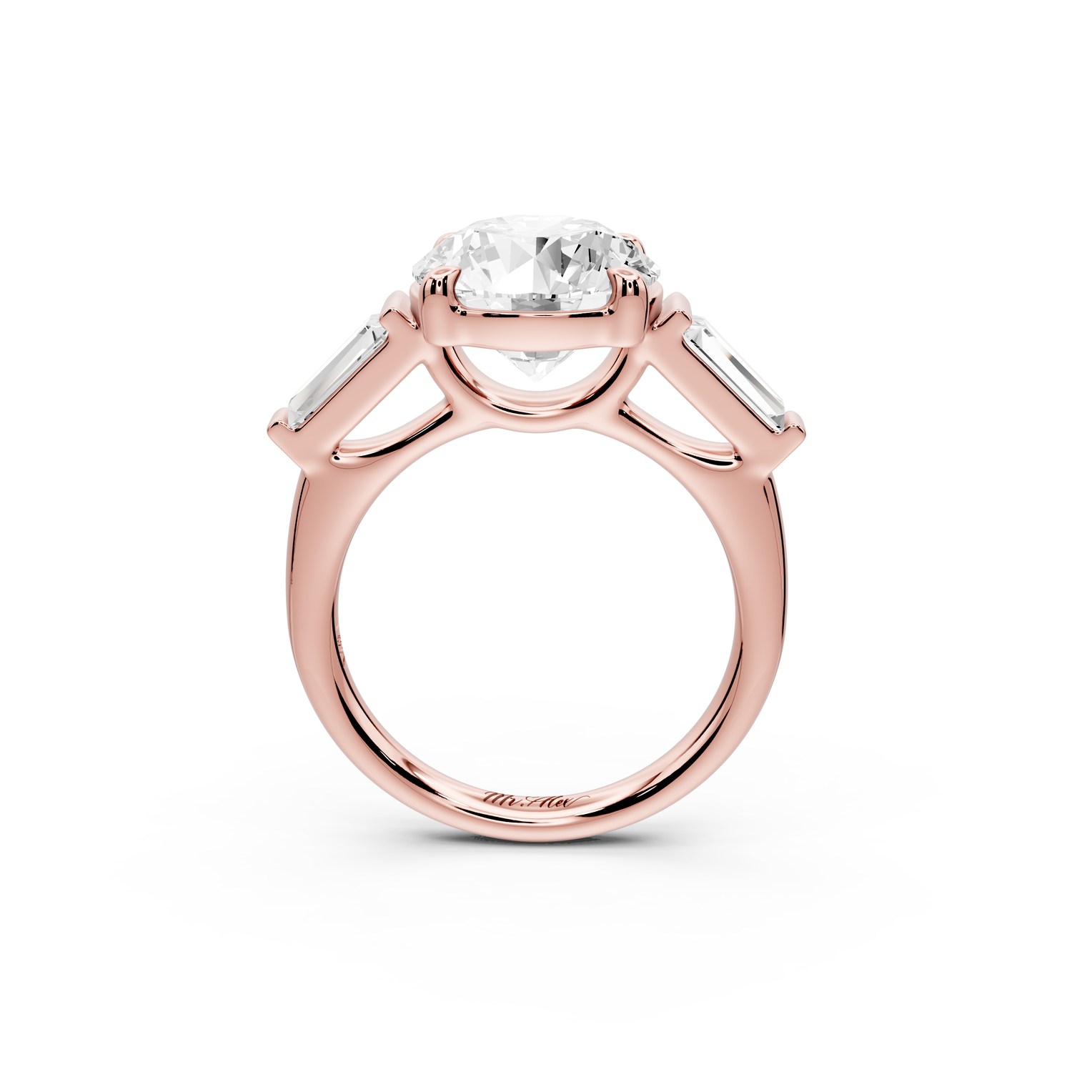 Naomi - 3ct 14k rose gold round diamond with Tapered Baguettes side stones Engagement Ring