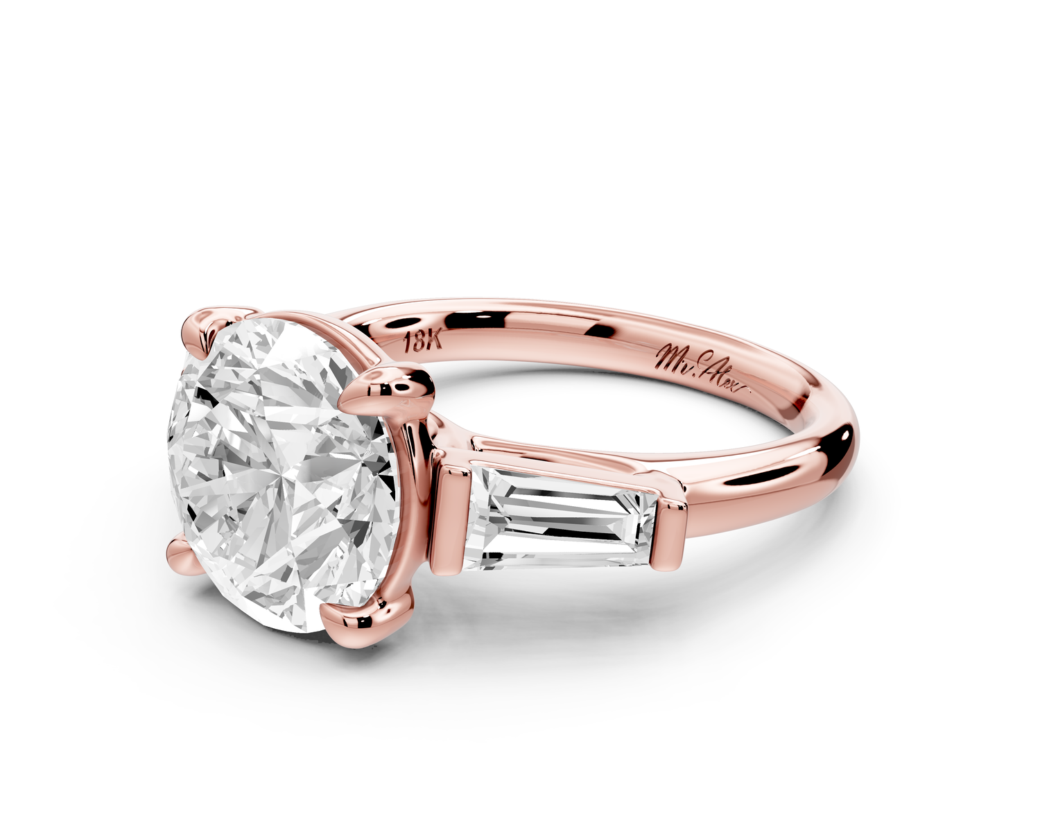 Naomi - 3ct 14k rose gold round diamond with Tapered Baguettes side stones Engagement Ring