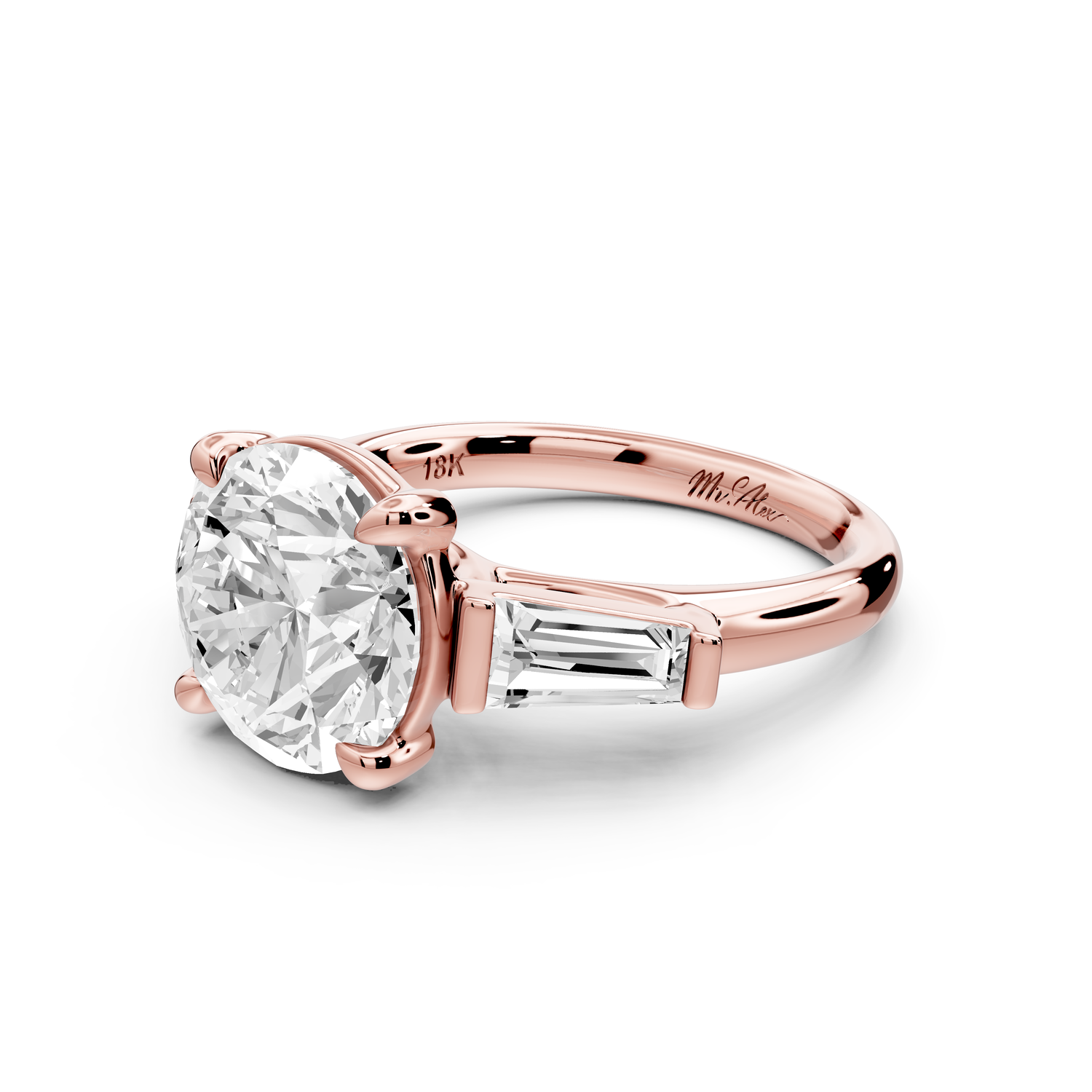 Naomi - 4ct 14k rose gold round diamond with Tapered Baguettes side stones Engagement Ring