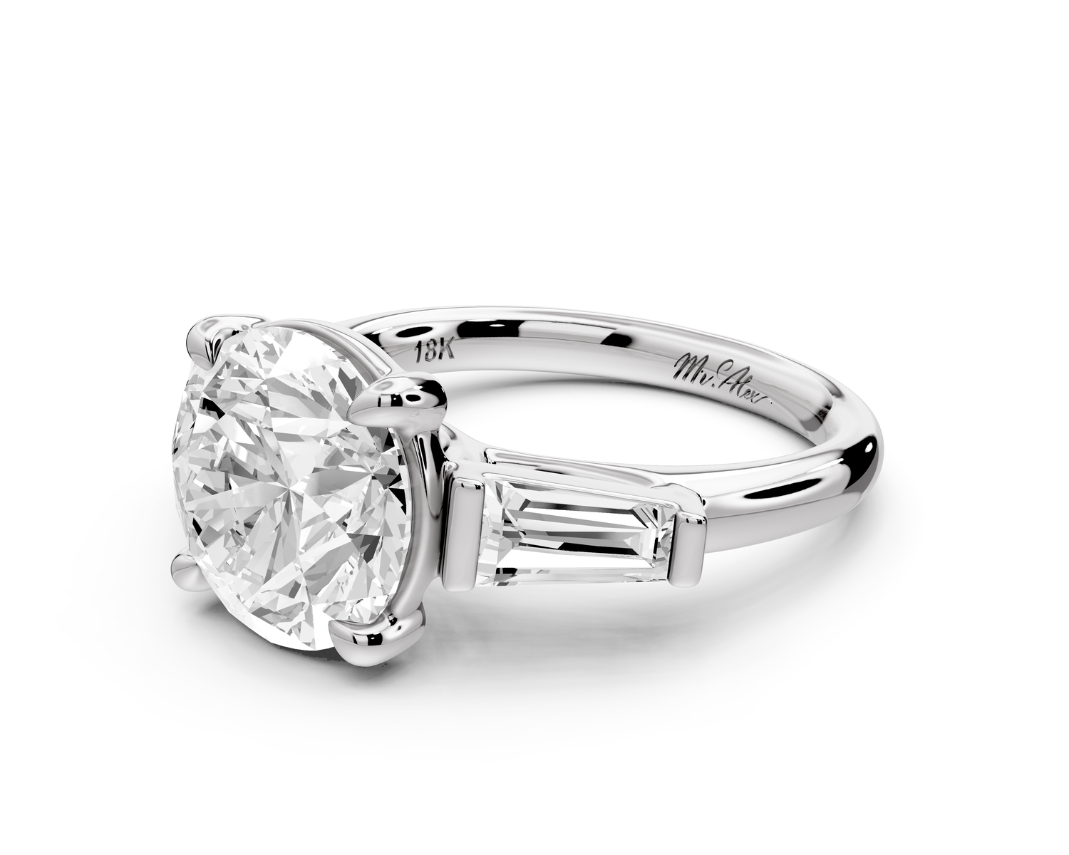 Naomi - 4ct 14k white gold round diamond with Tapered Baguettes side stones Engagement Ring