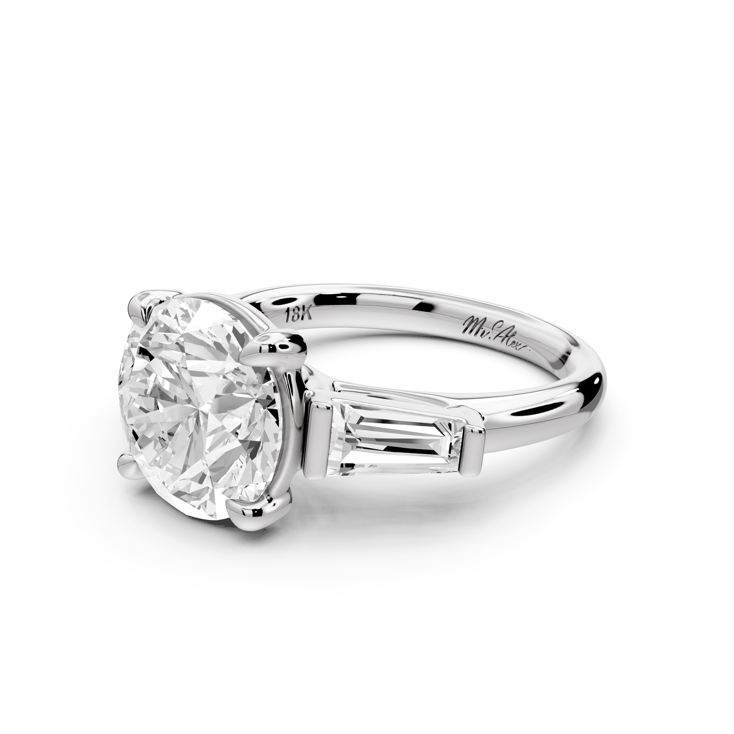 Naomi - 4ct 14k white gold round diamond with Tapered Baguettes side stones Engagement Ring