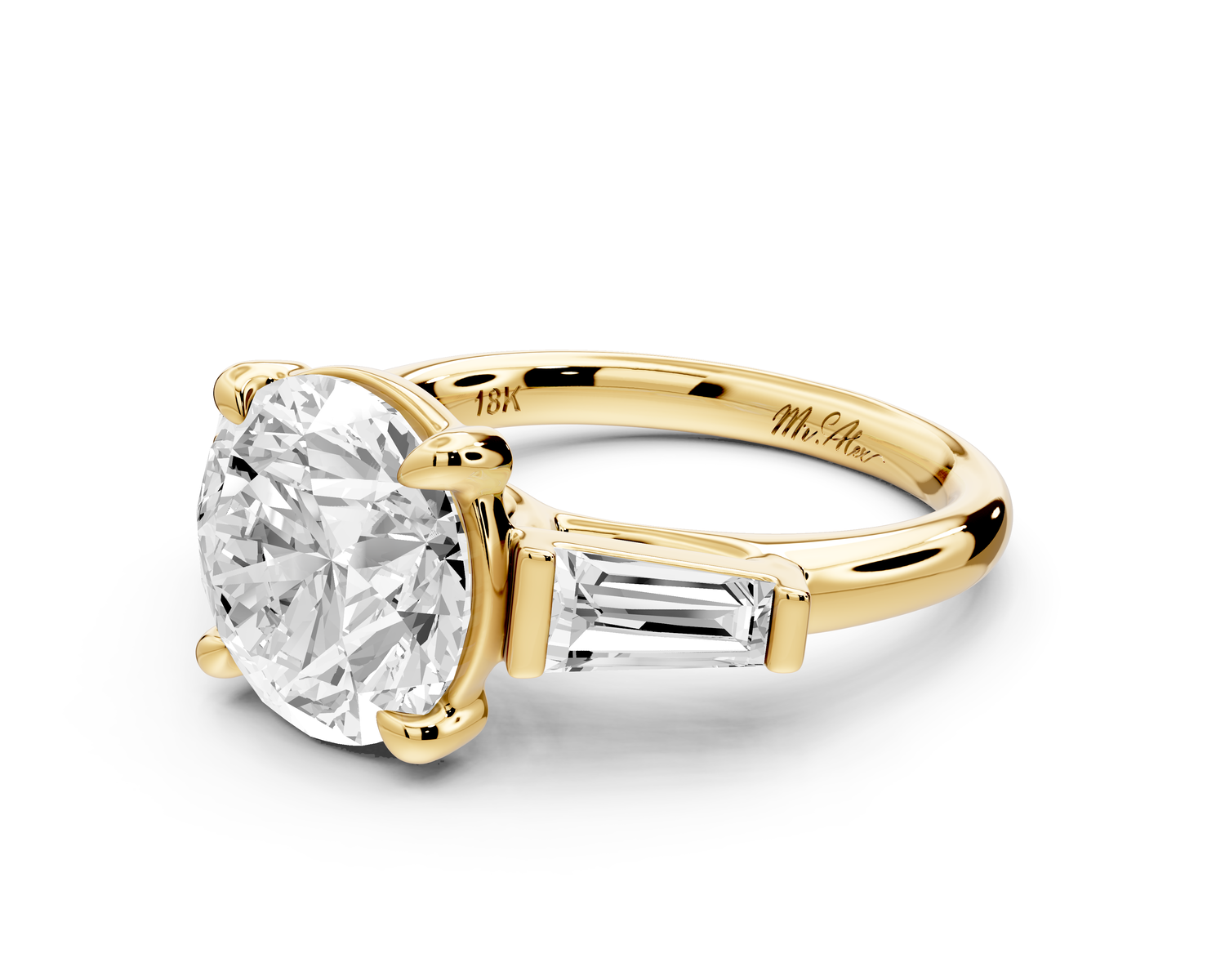 Naomi - 4ct 14k yellow gold round diamond with Tapered Baguettes side stones Engagement Ring