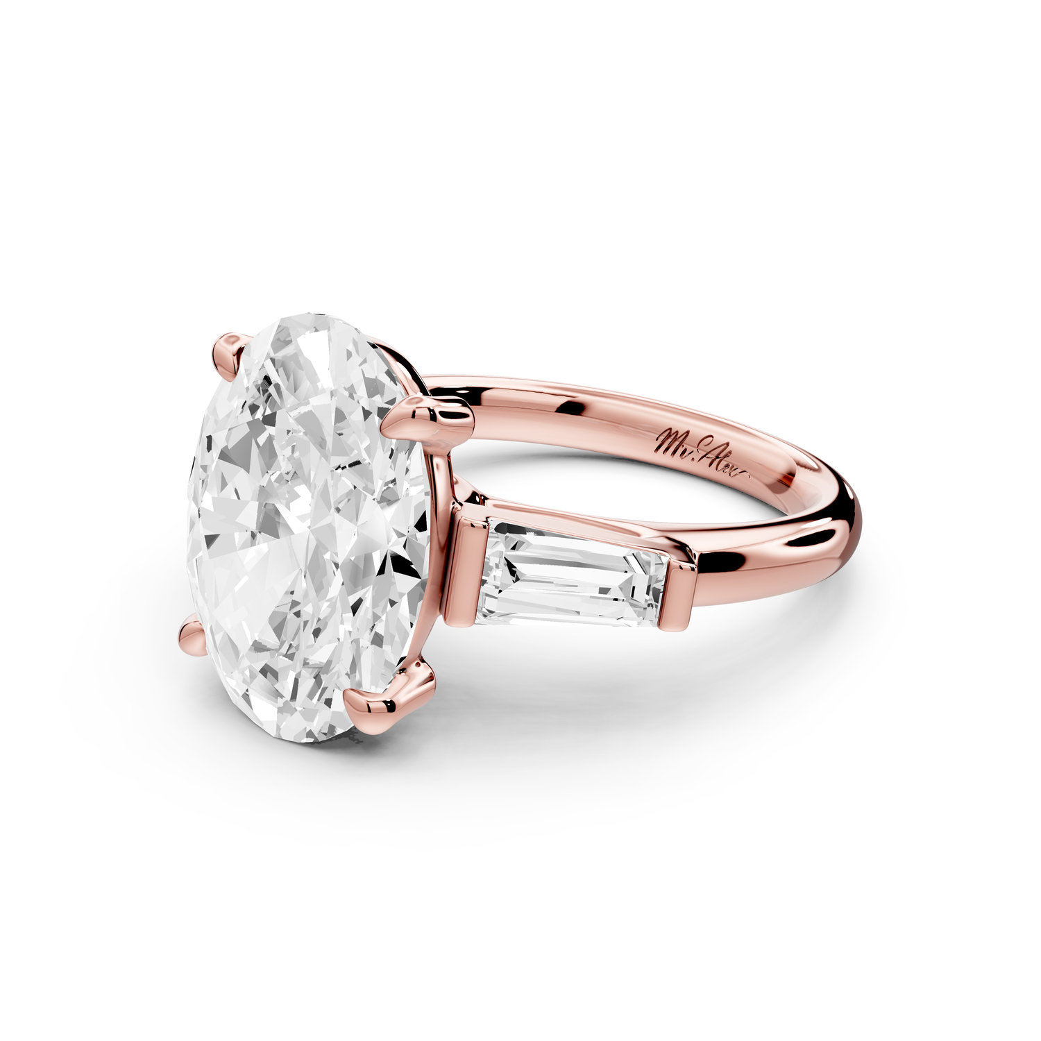 Naomi - 5ct 14k rose gold oval diamond with Tapered Baguettes side stones Engagement Ring