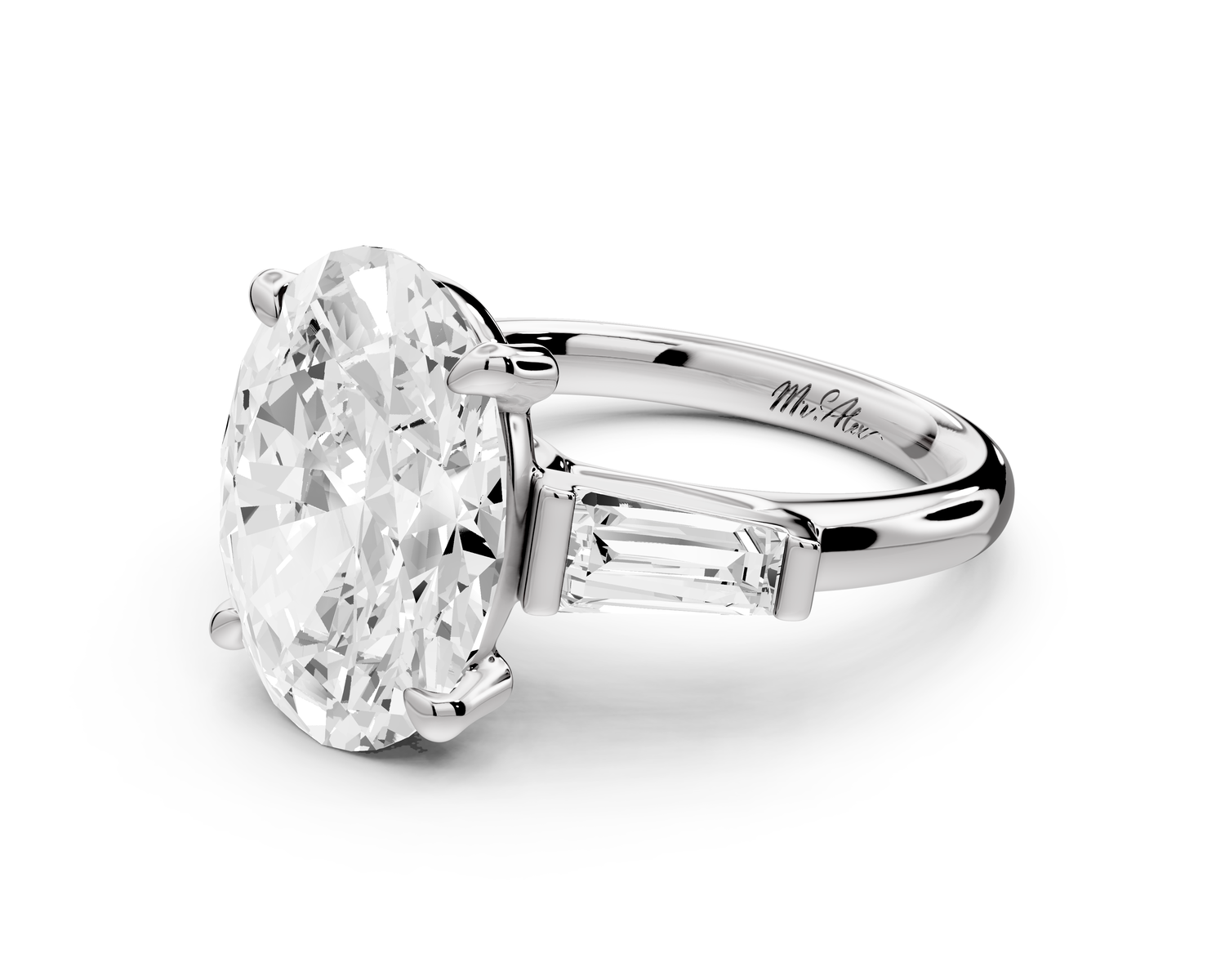 Naomi - 5ct 14k white gold oval diamond with Tapered Baguettes side stones Engagement Ring