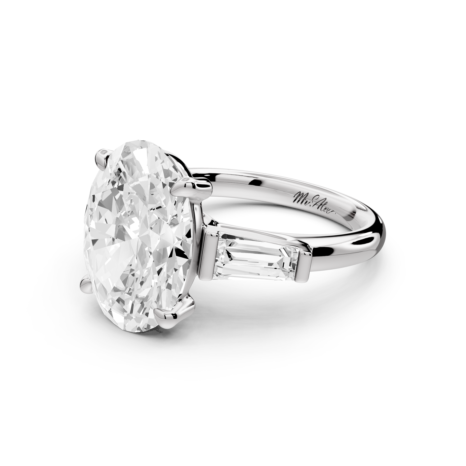 Naomi - 5ct 14k white gold oval diamond with Tapered Baguettes side stones Engagement Ring