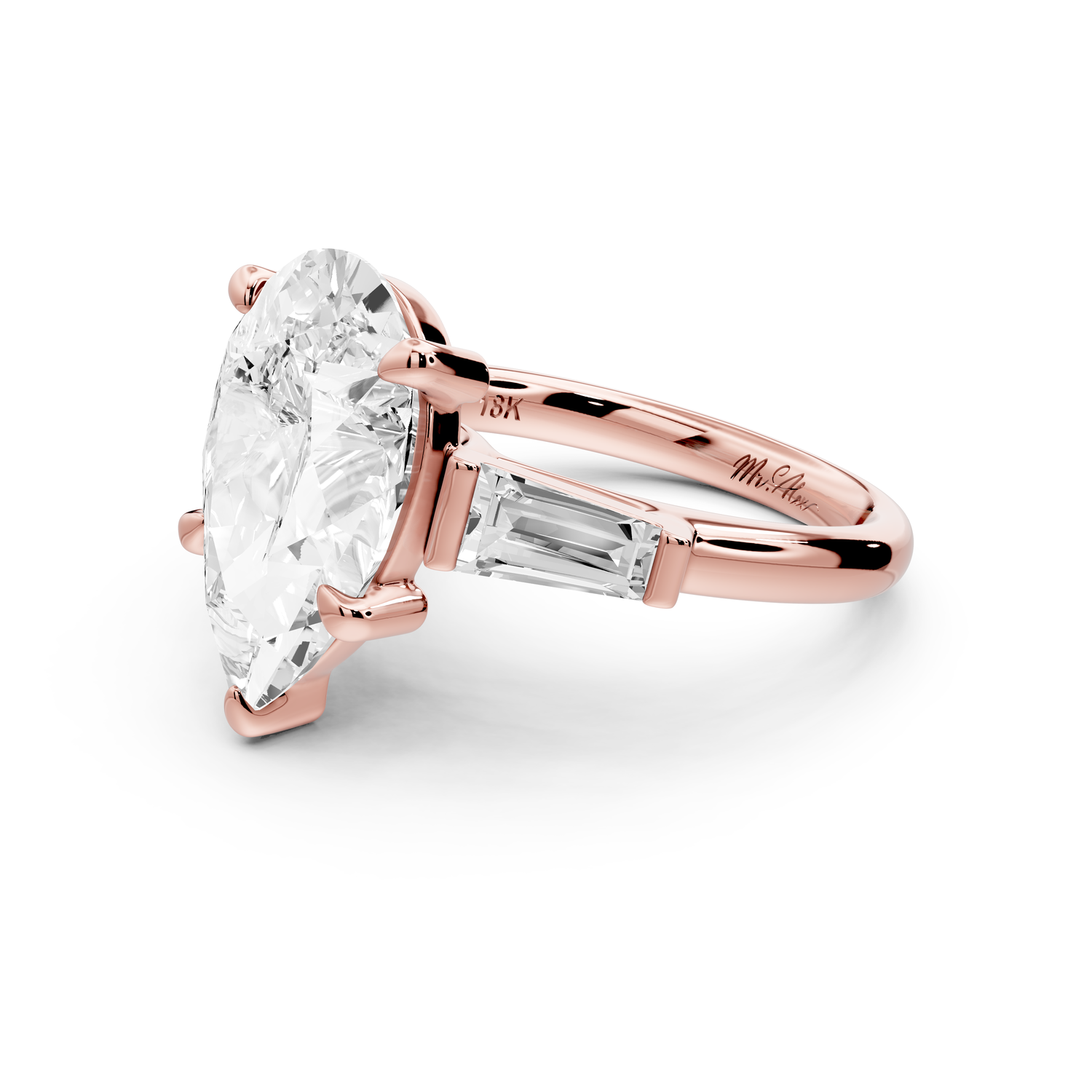 Naomi - 5ct 14k rose gold pear diamond with Tapered Baguettes side stones Engagement Ring