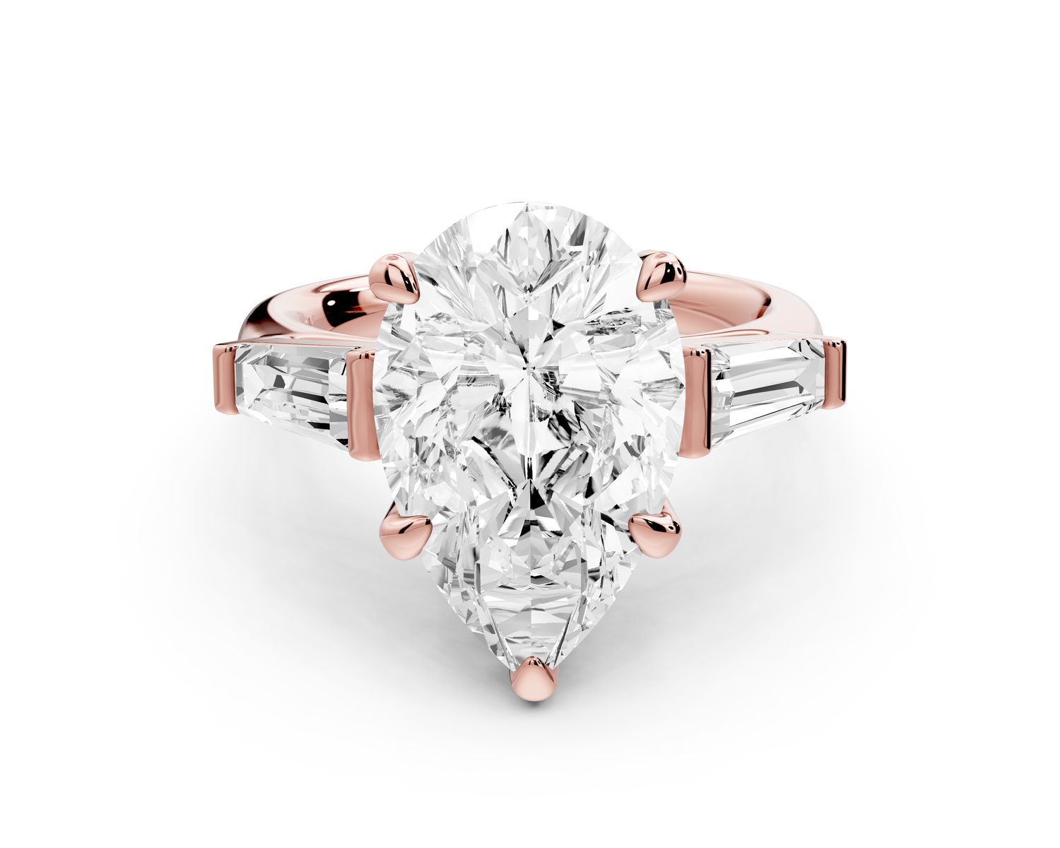 Naomi - 5ct 14k rose gold pear diamond with Tapered Baguettes side stones Engagement Ring