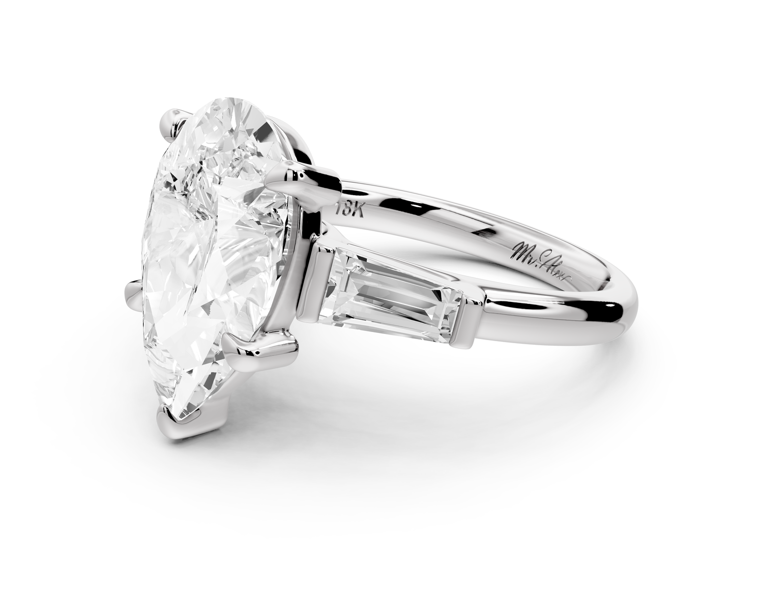 Naomi - 5ct 14k white gold pear diamond with Tapered Baguettes side stones Engagement Ring