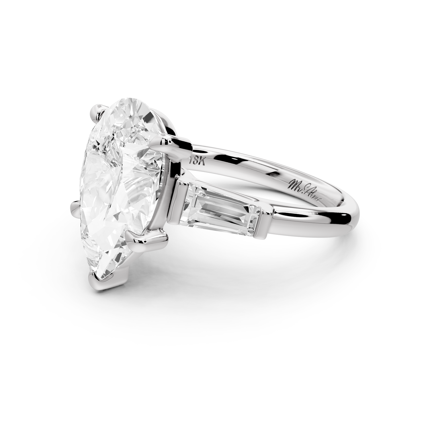 Naomi - 5ct 14k white gold pear diamond with Tapered Baguettes side stones Engagement Ring