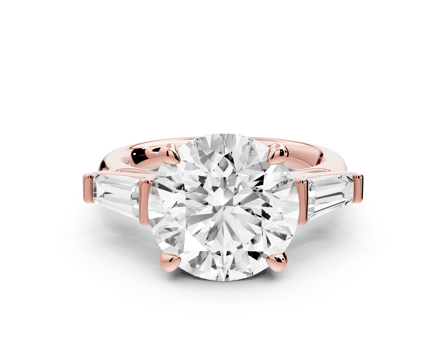 Naomi - 5ct 14k rose gold round diamond with Tapered Baguettes side stones Engagement Ring