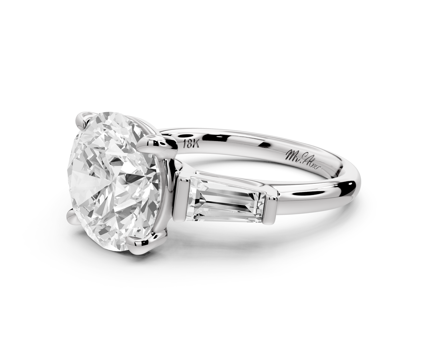 Naomi - 5ct 14k white gold round diamond with Tapered Baguettes side stones Engagement Ring