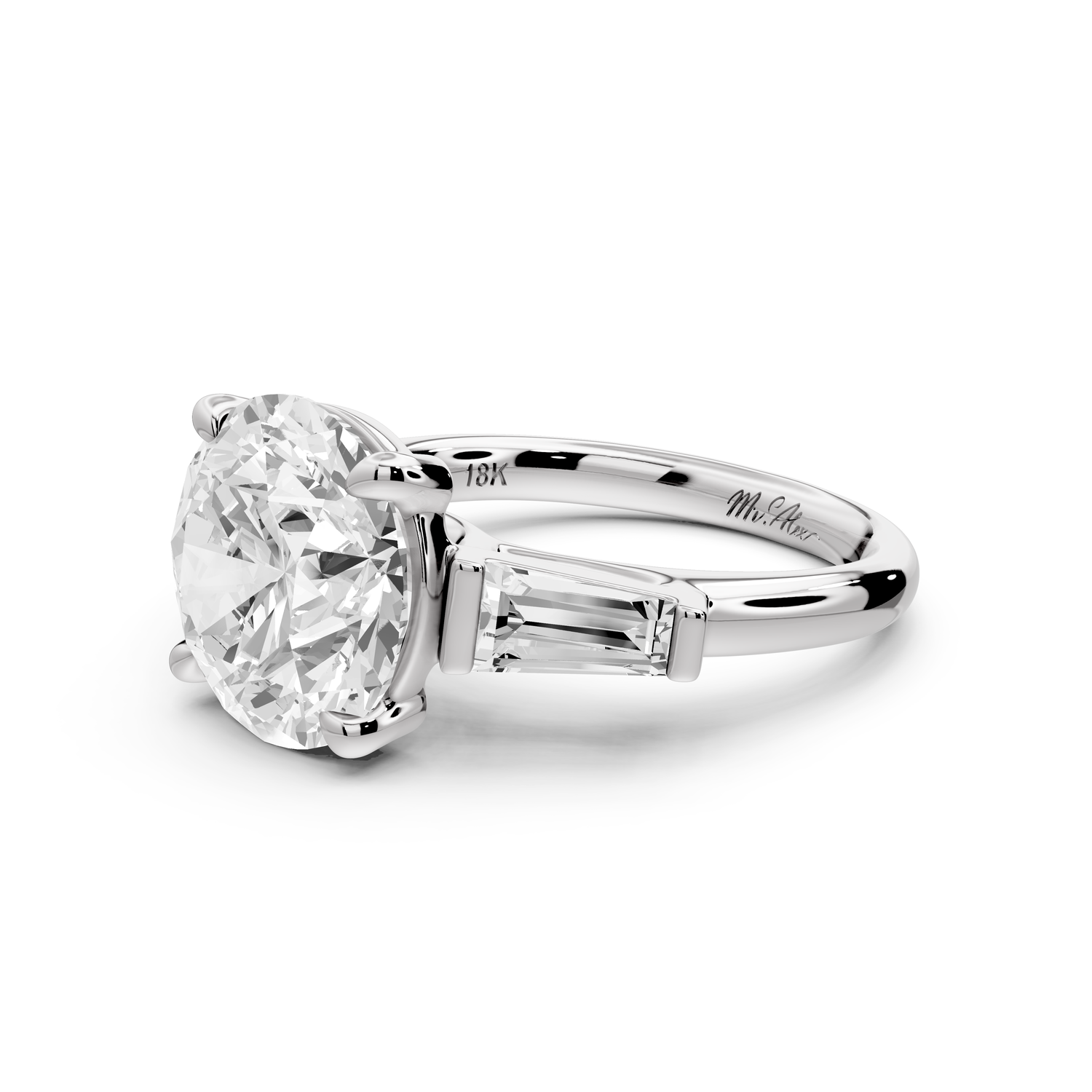 Naomi - 5ct 14k white gold round diamond with Tapered Baguettes side stones Engagement Ring