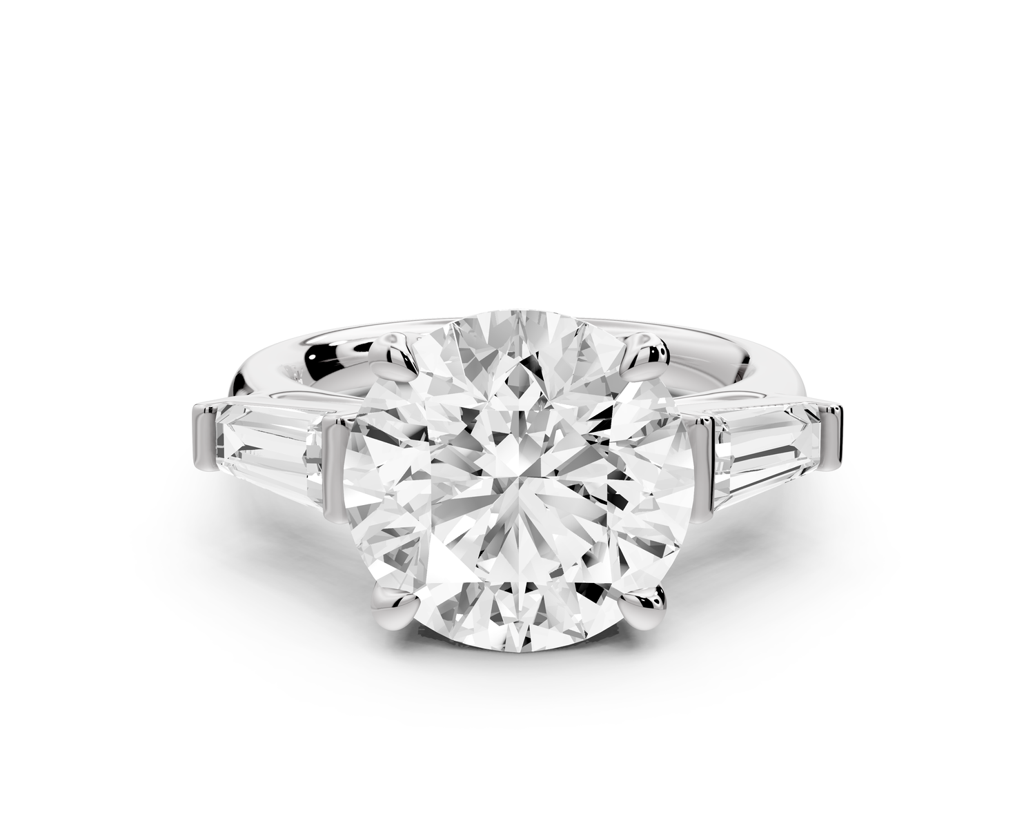 Naomi - 5ct 14k white gold round diamond with Tapered Baguettes side stones Engagement Ring