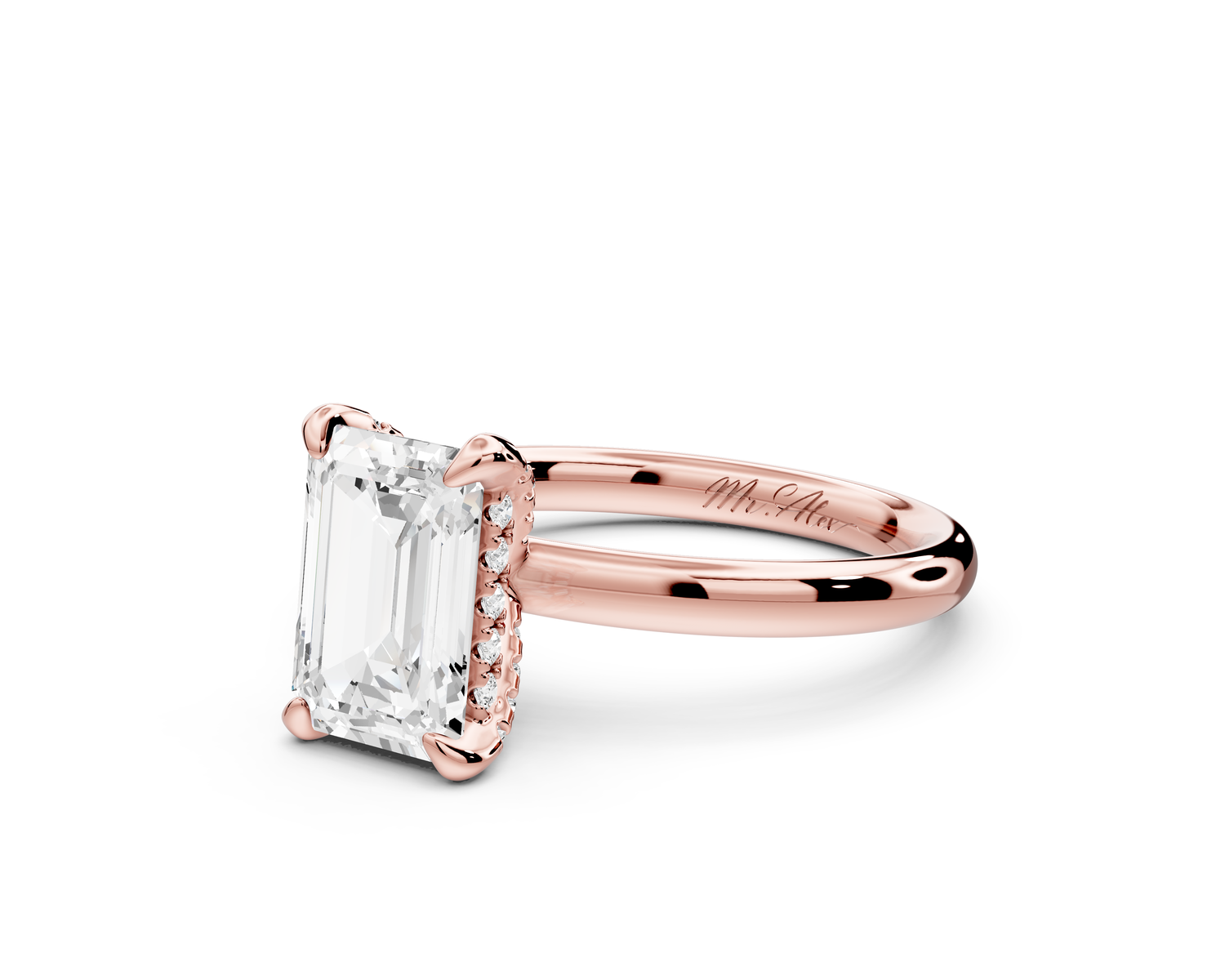 Shira - 2ct 14k rose gold emerald diamond with hidden halo and diamond crown talon prong solitaire Engagement ring