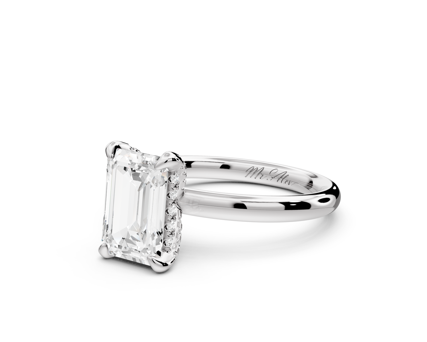 Shira - 2ct 14k white gold emerald diamond with hidden halo and diamond crown talon prong solitaire Engagement ring