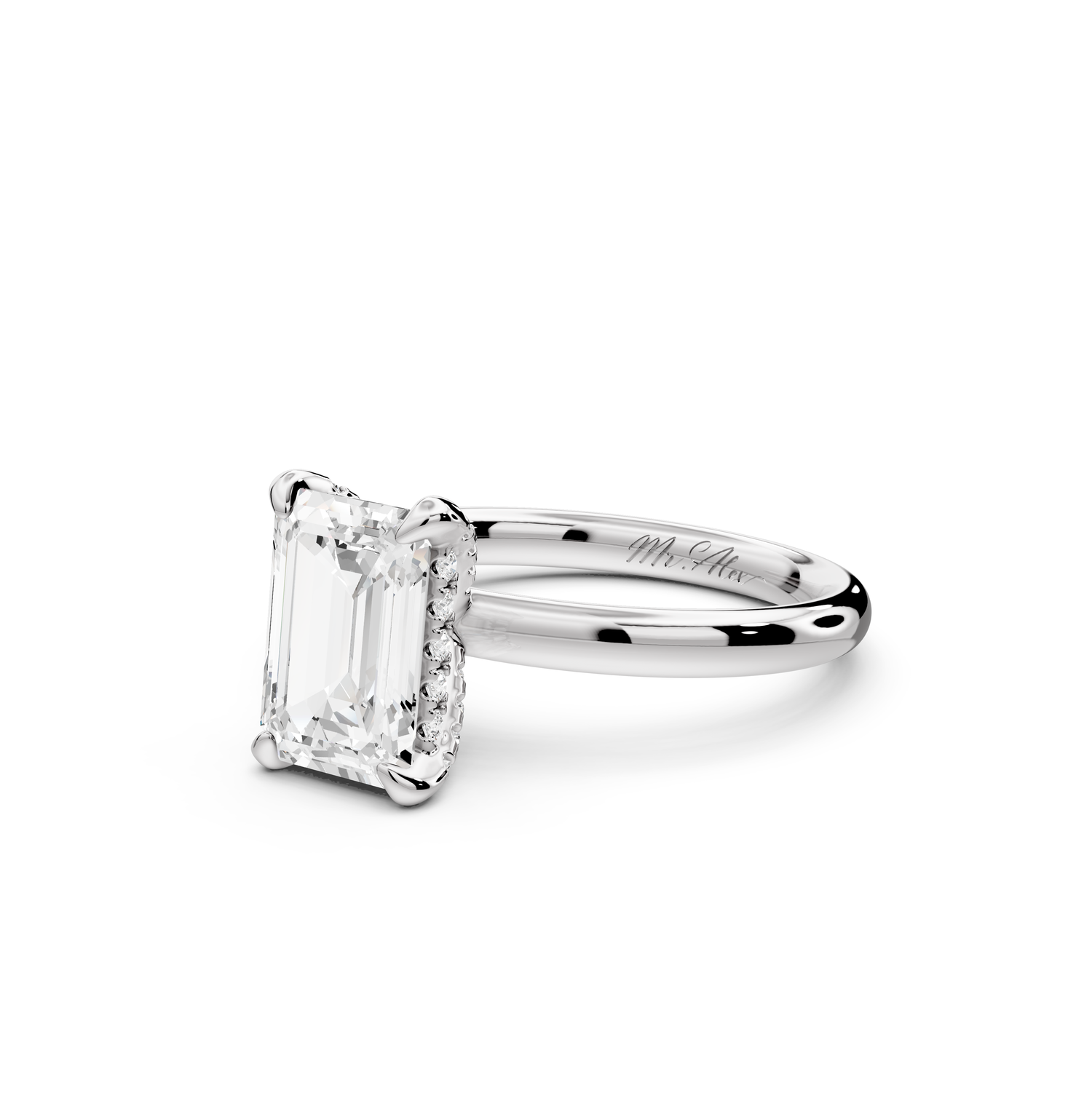 Shira - 2ct 14k white gold emerald diamond with hidden halo and diamond crown talon prong solitaire Engagement ring