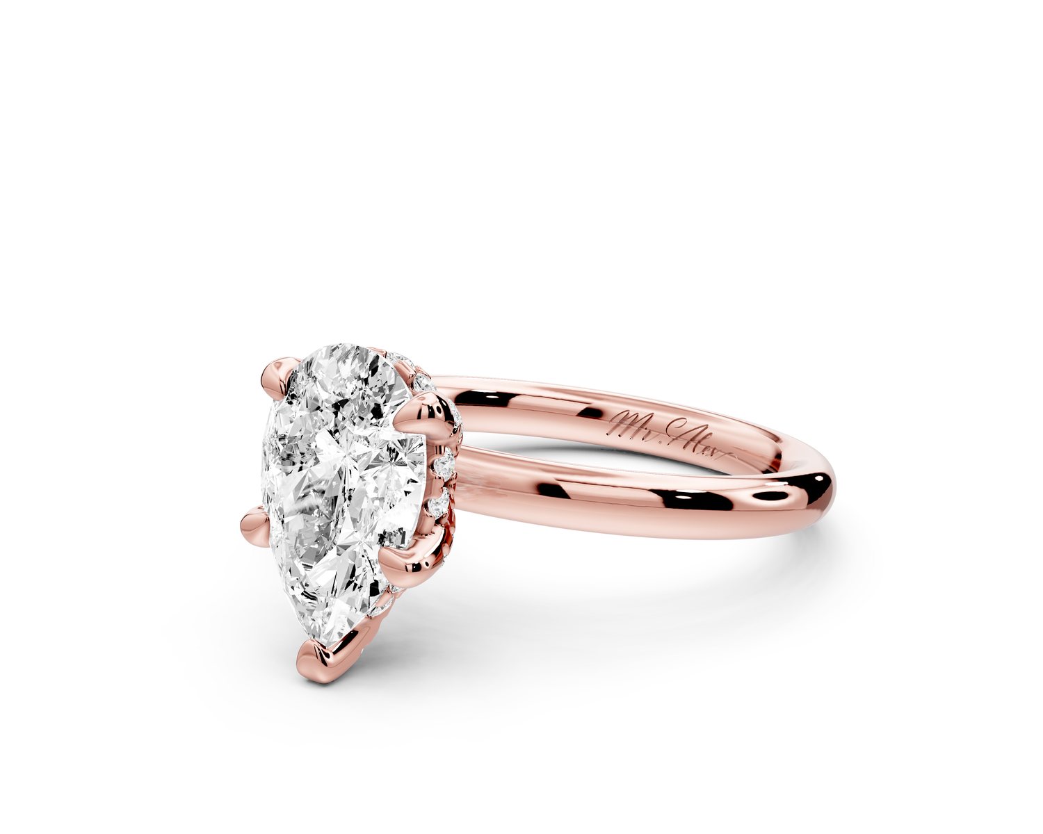 Shira - 2ct 14k rose gold pear diamond with hidden halo and diamond crown talon prong solitaire Engagement ring